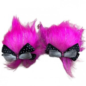 POMPONES FUCSIA/ MOÑO NEGRO CON PUNTOS PLATEADO