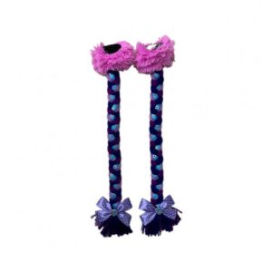 TRENZA PARA CASCO (MORADO LILA AZUL OSCURO/LISTON AZUL FLORES/POMPON ROSADO/ MOÑO LILA CON PUNTOS)