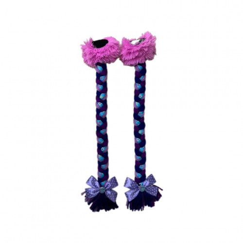 TRENZA PARA CASCO (MORADO LILA AZUL OSCURO/LISTON AZUL FLORES/POMPON ROSADO/ MOÑO LILA CON PUNTOS)