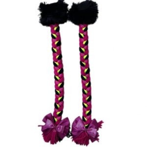 TRENZA PARA CASCO (FUCSIA NEGRO/LISTON ROSADO PUNTOS VERDEE/POMPON NEGRO/MOÑO FUCSIA)