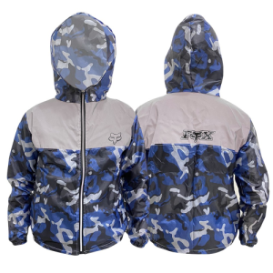 CHAQUETA CORTAVIENTOS SENCILLA CAMUFLADA AZUL OSCURO GRIS CON REFLECTIVO FOX M