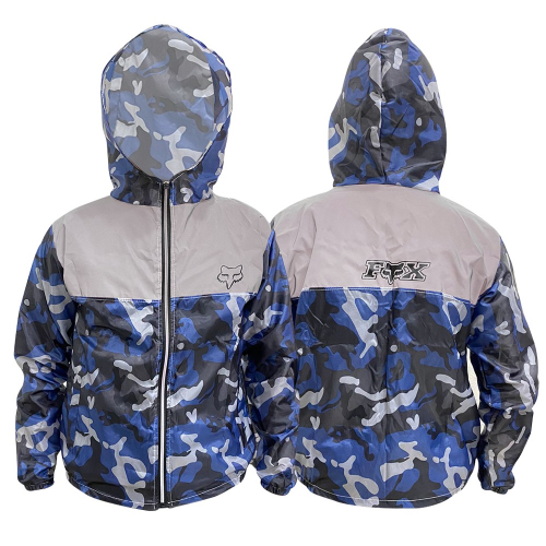 CHAQUETA CORTAVIENTOS SENCILLA CAMUFLADA AZUL OSCURO GRIS CON REFLECTIVO FOX M