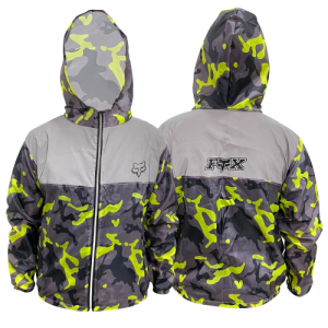 CHAQUETA CORTAVIENTOS SENCILLA CAMUFLADA VERDE GRIS CON REFLECTIVO FOX S