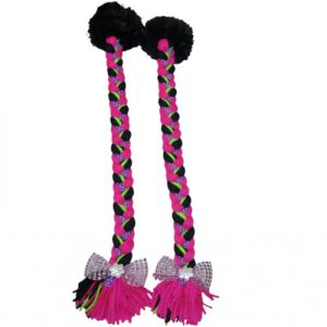 Trenza para casco (trenza - fucsia oscuro - negro- verde /liston morado pepas Pompon Negro - mo?o)