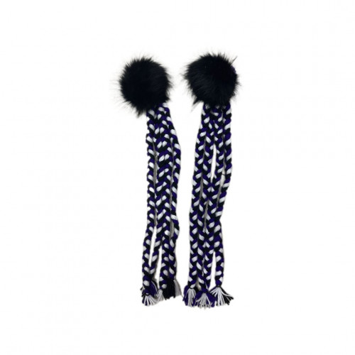 TRENZA TIPO RASTA PARA CASCO (NEGRO-MORADO -BLANCO/POMPON NEGRO CON MOÑO MORADO)