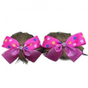 POMPONES CAFE/MOÑO FUCSIA CON FLORES