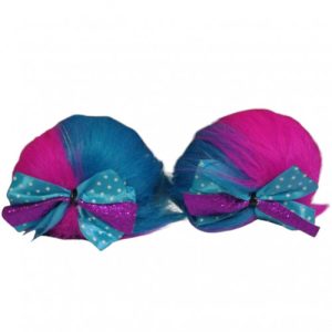 POMPONES AZUL FUCSIA NEON MOÑO AZUL CON PEPITAS
